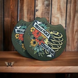 Inhale Peace Floral Skeleton Car Coasters